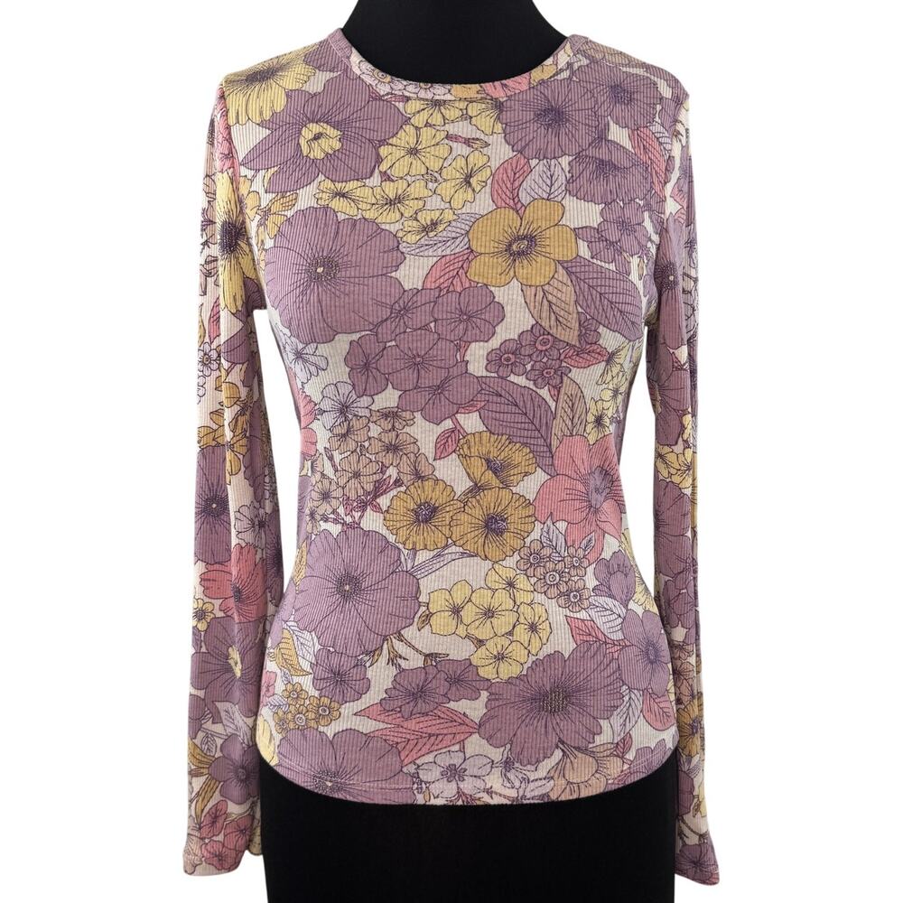 T.la Anthropologie Multi Shirt Floral Crew Comfy Ribbed Pullover M Medium NEW